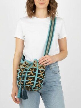 Sophie Anderson Wayuu Mochila Bag Blue Geometric Crochet Crossbody Tassel